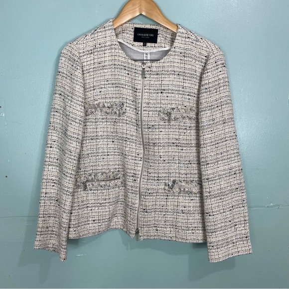 Lafayette 148 Tweed White Cream Metallic Black Jacket Zip Up Sz 14 - Picture 1 of 6